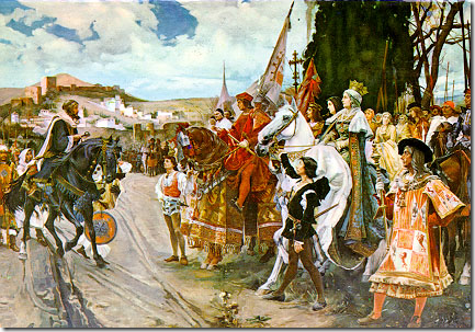 Capitulación de Granada, por Francisco Pradilla y Ortiz: Boabdil frente a Fernando e Isabel. 1882